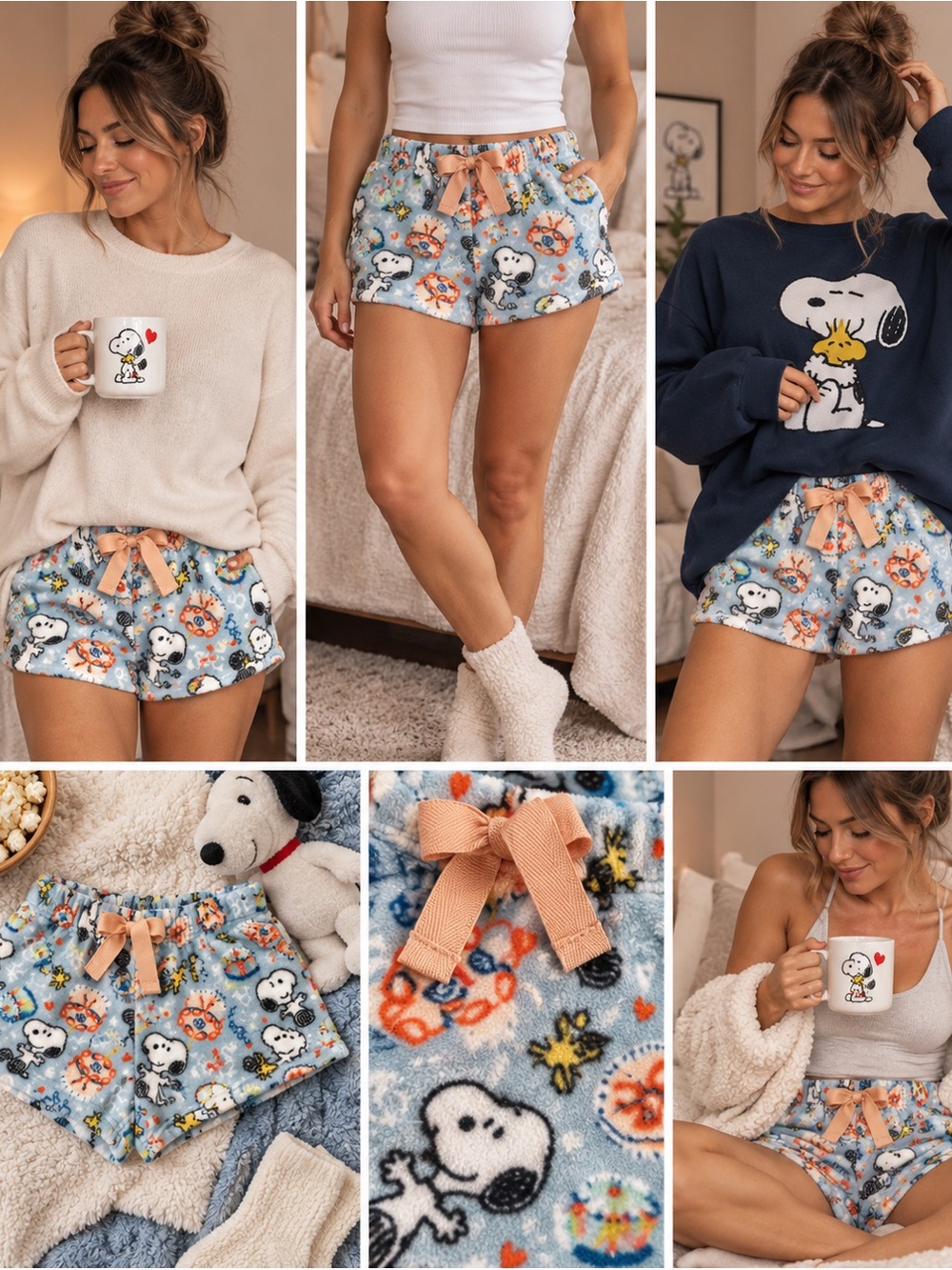 NWT Peanuts Plush Snoopy Pajama Shorts in Light Blue with Peach Bow
